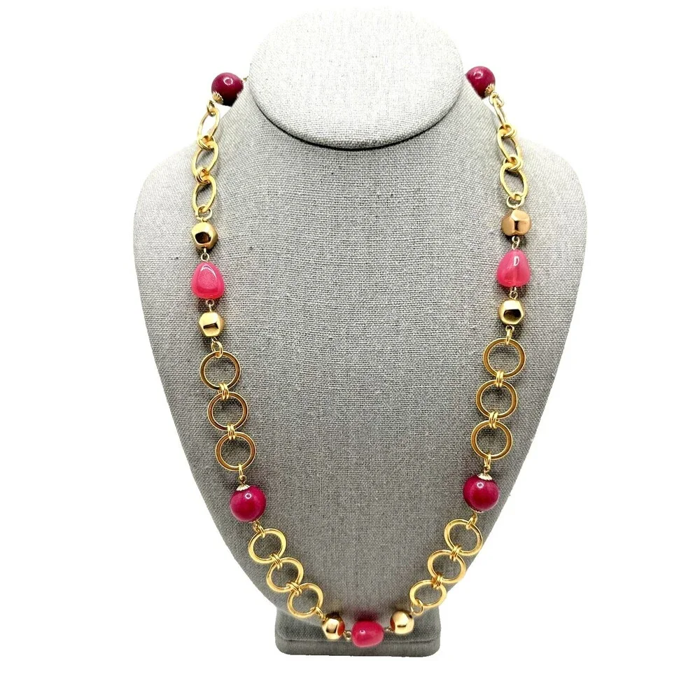 Vintage TALBOTS Station Necklace Pink Stone Glass Bead Gold Tone Link 25